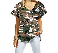 FAIRY BOUTIQUE Womens Turn up Sleeve V Neck T Shirt Ladies Oversized Baggy Batwing Top Plus Size T Shirt(Camouflage Green UK 16-18)