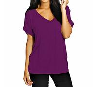 FAIRY BOUTIQUE Womens Turn up Sleeve V Neck T Shirt Ladies Oversized Baggy Batwing Top Plus Size T Shirt(Purple UK 16-18)