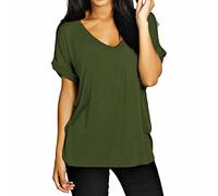 FAIRY BOUTIQUE Womens Turn up Sleeve V Neck T Shirt Ladies Oversized Baggy Batwing Top Plus Size T Shirt(Khaki UK 20-22)