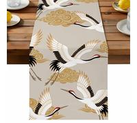 Fairy Crane Table Runner, Art Japanese Style White Crane Auspicious Cloud Cotton and Table Linen Runner for Kitchen Dining Home Decor for Party Festival Holiday Decoration Gift 13x48in