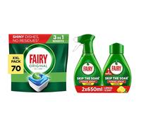 Fairy Dishwashing Bundle Value Pack, 70 Dishwasher Tabs & Skip the Soak Dish Power Spray Lemon (1x 650ml Spray + 1x 650ml Refill)