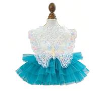 Fairy Dog Dress Cat Princess Outfit with Blue Tulle Skirt & Embroidered Butterfly Wings, White Knit Top with Lace Collar, Pet Clothes for Small Dogs Cats Birthday Wedding Halloween 14-17.6lbs(Blue,XL)