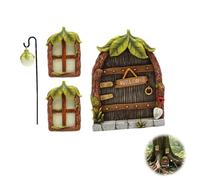 Fairy Door Set of 4, Miniature Fairy Doors for Garden with 2 Luminous Windows and Hanging Lamp, Weatherproof Resin Elf Door Sculpture for Trees, Patio & Fairy Garden Decoration