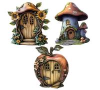 Fairy Doors - 2D Wooden Wall Decoration for Home - Kit of 3 Garden Ornaments for Home, for Wall, Tree, Table, Window, Shelf, Bedroom, Living Room, Children's Room, Patio, Indoor