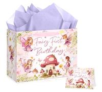 Fairy First Birthday Gift Bag with Card & 3 Sheets Purple Tissue Paper, Whimsical Enchanted Garden Mushroom Present Bag for Girls, Large Luxury 1st Birthday Wrap for Toddlers