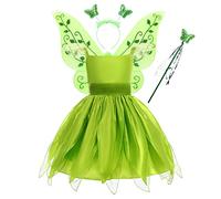 Fairy for Girls Kids Toddler Tinkerbell Princess Dress+Fairy Butterfly Wing+Magic Wand+Headband Birthday Party Outfit Christmas Green-short 5-6 Years