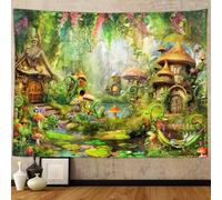 Fairy Forest Mushroom Decor Tapestry, Cute Fantasy Enchanted Forest Garden Tapestries Wall Hanging for Girls Bedroom College Dorm Room Aesthetic 80X60" Fairytale Nature Nursery Poster Blanket