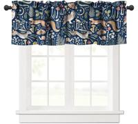 Fairy Forest Valance, Rustic Country Retro Dark Blue Woodland Wildlife Owl Squirrel Flowers Mushrooms Blackout Window Valance Curtain for Kitchen Bedroom Bathroom, 54x18inch