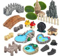 Fairy Garden Miniatures 21PCS Bridge House Fence Pond DIY Decor Set