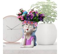 Fairy Garden Planter, Head Planter, Thinking Girl - Head Planter, Thinking Girl Flower Pot, Resin Head Planter with Funny Face Statue for Garden