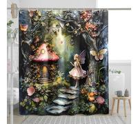 Fairy Garden Shower Curtain, Peach Mushroom Fairy Bathroom Decor for Spring Summer, Dreamy Enchanted Style Waterproof Fabric Shower Curtain Set with Hooks 72x78 Inch