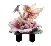 Fairy Garden Stake, 2D Flat Acrylic Magic Fairy Decoration, Garden Accessories for Outdoor Indoor Patio Yard Lawn Flower Pot Plants (Pink Flowers Fairy and Hummingbird)