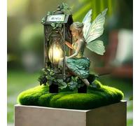 Fairy Garden Statue with Vintage Lantern, Resin Angel Figurine Sculpture, Whimsical Outdoor Decor for Patio Yard Lawn, Home Office Desk Decoration, Ideal Gift