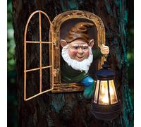 Fairy Garden Statues Gnomes Solar Lantern - Halloween Elf Out The Door Tree Hugger Figurines Fence Wall Garden Art Home Decor Outdoor Tree Face Sculpture, Ideal Thanksgiving Decorations