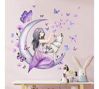 Fairy Girl Wall Sticker Purple Butterfly Flowers Wall Decals DIY Moon Wolf Wall Stickers Falling Floral Petals Wall Mural Removable Waterproof Wall Decor for Nursery Girl Bedroom