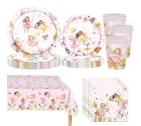 Fairy Girls Birthday Party Tableware Set, 69 Pcs Princess Pink Children's Birthday Decorations Party Supplies Includes Plates Napkins Tablecloths Banner Straws Set for Boys Girls, 16 Guests