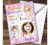 Fairy Girls Pink Purple Photo Granddaughter 5th Personalised Birthday Card - Personalised Birthday Card For 5th Birthday, Custom Birthday Card