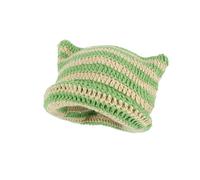 Fairy Grunge Beanie Y2K Cat in The Hat Striped Crochet Slouchy Hat Winter Warm Knitted Alt Headwear Accessories, Green, M