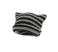 Fairy Grunge Beanie Y2K Cat in The Hat Striped Crochet Slouchy Hat Winter Warm Knitted Old Headwear Accessories, black, M