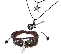 Fairy Grunge Necklace & Bracelet Set, Handmade Multilayer Leather Music Braided Bracelet Y2K Star & Guitar Necklace Gothic Punk Rock Music Jewelry Accessories for Women Men