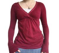 Fairy Grunge Y2K Shirts for Women Lace Patchwork Solid Color Long Sleeve Wrap V-Neck Tees Tops Going Out Tops Streetwear (A-Red, XL)