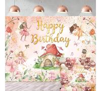 Fairy Happy Birthday Backdrop 8x6FT Flower Fairy Birthday Party Decorations My Fairy First Birthday Background for Girls Fairy Tale Theme Birthday Party Decorations Photo Props