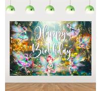 Fairy Happy Birthday Backdrop Banner 4.92 * 3.28ft Magic Forest Birthday Party Decorations Fairy Garden Bday Decors Butterfly Flower Party Supplies Enchanted Forest Fairies Photography Background