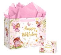 Fairy Happy Birthday Gift Bag with Card & 3 Sheets Pink Tissue Paper, Watercolor Whimsical Fairy Theme Present Bag for Girls Women, Large Luxury Magic Woodland Gift Wrap for Her