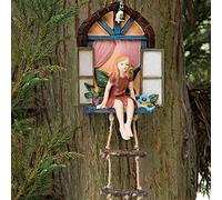 Fairy House with Ladder Hanging Tree Sculpture - Outdoor Tree Statue - Whimsical Hand Painted Polyresin Garden Decoration,Garden Gnome Statue, Resin Garden Figures, Hanging Decoration