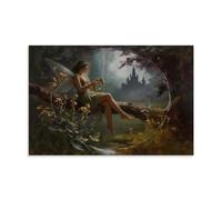 Fairy in Woodland Forest Painting, Dark Fantasy, Mystical Mythology Gothic Fae Poster Decorative Painting Print Picture Canvas Wall Art Bedroom Office Living Room Decoration 16x24inch(40x60cm)