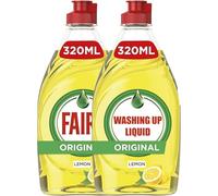 Fairy Lemon Washing Up Liquid 2 Pack 320ml Powerful Grease Cutting Dishwashing Liquid Long Lasting Suds Tough on Grease Gentle on Hands Concentrated Formula Fresh Lemon Scent Kitchen Essential