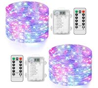Fairy Lights 2-Pack Battery Powered with Remote Control 8 Modes 10M 100LED String Lights Timer Copper Wire Waterproof Dimmable Twinkle Light Indoor for Bedroom DIY Party Christmas Decor, Multicolor