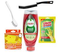 Fairy Max Power Washing Up Liquid Bundle with 2 Dish Brushes, Duck Sponge, Elbow Grease Rubber Gloves & Crevice Cleaning Brush - Complete Sink Cleaning Kit (Pomegranate)