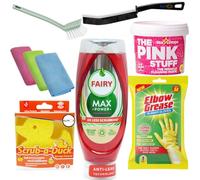 Fairy Max Power Washing Up Liquid Scented 640ml Bundle with Dish Brush, Duck Sponge, Elbow Grease Rubber Gloves & Crevice Cleaning Brush Pink Stuff Paste 850g & Microfibre Cloths (Pomegranate)