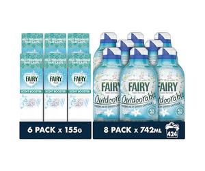 Fairy Non Bio Value Pack, Outdoorable Fabric Conditioner 424 Washes (8x53), Ultra Concentrated Formula For Sensitive Skin, & In-Wash Scent Booster 6 packs x155g