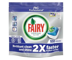 Fairy Original All-In-1 Dishwasher Tablets, Regular, 100 Capsules, Bulk Pack, Tough Stain Removal with Built-In Salt and Rinse Aid Action