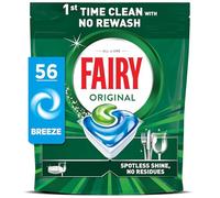 Fairy Original Power Dishwasher Tablets Breeze, 56 Capsules, 1st Time Cleaning Action with No Rewash, Effective on 100% Grease, Spotless Shine Without Residues