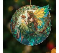 Fairy Ornament Acrylic Suncatcher - Enchanted Forest Fairy Sitting in Circle with Squirrel, Stained Glass Style Window Hanging Decor, Christmas Ornament Gift for Women, Fantasy Home Decor, (Sun-34)