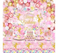 Fairy Party Decoration - Birthday Party Supplies with Plates, Cups, Napkins, Tablecloth, Backdrop, Balloons, Arch, Cake Toppers for Fairy Garden, Flower Girls