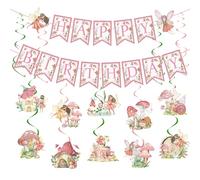 Fairy Party Decorations Pink Set - 16 Pcs Fairy Spirals Streamers DIY Banner Butterfly Mushroom Hanging Swirls For Girls Baby Shower Wedding Pink Floral Theme Birthday Party Decorations Supplies