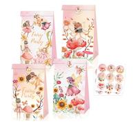 Fairy Party Gift Bags, 12 Paper Bags with 2 Magical Designs (Front/Back Different) 22x12x8cm + 18 Flower & Fairy Circle Stickers 3.8cm, Enchanted Forest Favors for Birthday, Baby Shower, Woodland The