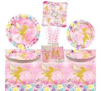 Fairy Party Supplies - Pink Flower Girl Plates, Cups, Napkins, Tablecover, Straws for 20-Person Butterfly Princess Party (20)