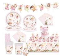 Fairy Party Tableware Set Birthday Decoration Girls - Fairy Party Tableware with Paper Plates Paper Cups Napkins Tablecloth Garland and Cake Decoration for Children's Birthday Decoration (10 Guests)