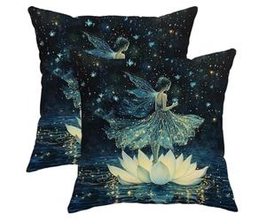 Fairy Pillow Covers Set of 2, Night Blue Magical Flower Throw Pillows Case, Indoor Decorative Square Fantasy Decoration Cushion Covers for Home Sofa Bed Couch 20x20 Inch