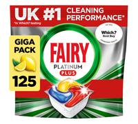 Fairy Platinum Plus All-in-1 Dishwasher Tablets, 125 Pack, Lemon. With anti-dull tech & rinse aid action for a deep clean. Effective in short cycles