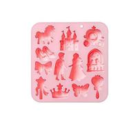 Fairy Princess Chocolate Silicone Mold,12 Cavity 3D Castle Prince,Carriage,Crystal Shoes,Mirror,Butterfly,Crown Silicone Ice Cube Mold,for Candy Fondant Cake Decor DIY Soap Candle Crafts (Pink)