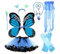 Fairy Princess Costume Set, Include Headband, Butterfly Fairy Wing, Tutu Skirt, Butterfly Wand, Necklace, Bracelet, Ring, Earring, Princess Veil, for 3-8 Years Girls, Birthday (Blue-1)