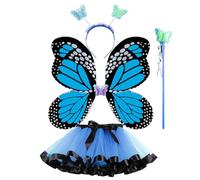Fairy Princess Costume Set, Include Headband, Butterfly Fairy Wing, Tutu Skirt, Butterfly Wand, Necklace, Bracelet, Ring, Earring, Princess Veil, for 3-8 Years Girls, Birthday (Blue)