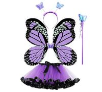 Fairy Princess Costume Set, Include Headband, Butterfly Fairy Wing, Tutu Skirt, Butterfly Wand, Necklace, Bracelet, Ring, Earring, Princess Veil, for 3-8 Years Girls, Birthday (Purple)