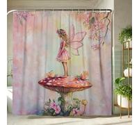 Fairy Shower Curtain, Peach Floral Garden Decor with Fantasy Fairy on Mushroom, Spring Summer Fanciful Bathroom Waterproof Fabric Curtain Set with Hooks 62x72 Inch